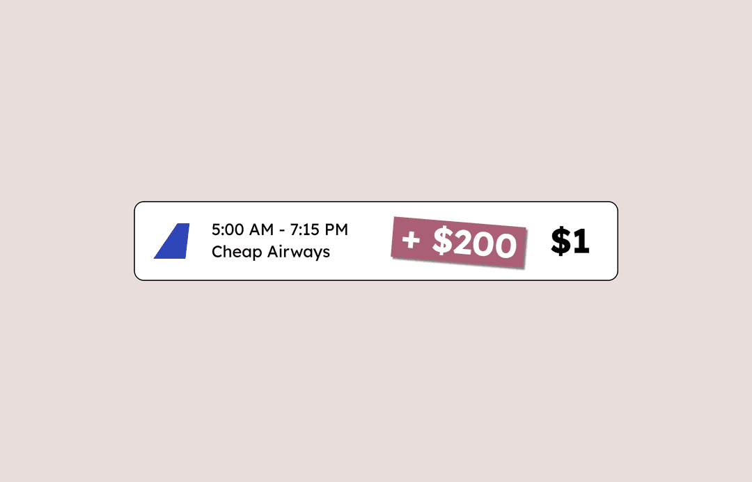 Mockup of $1 flight offer with +$200 sticker on it