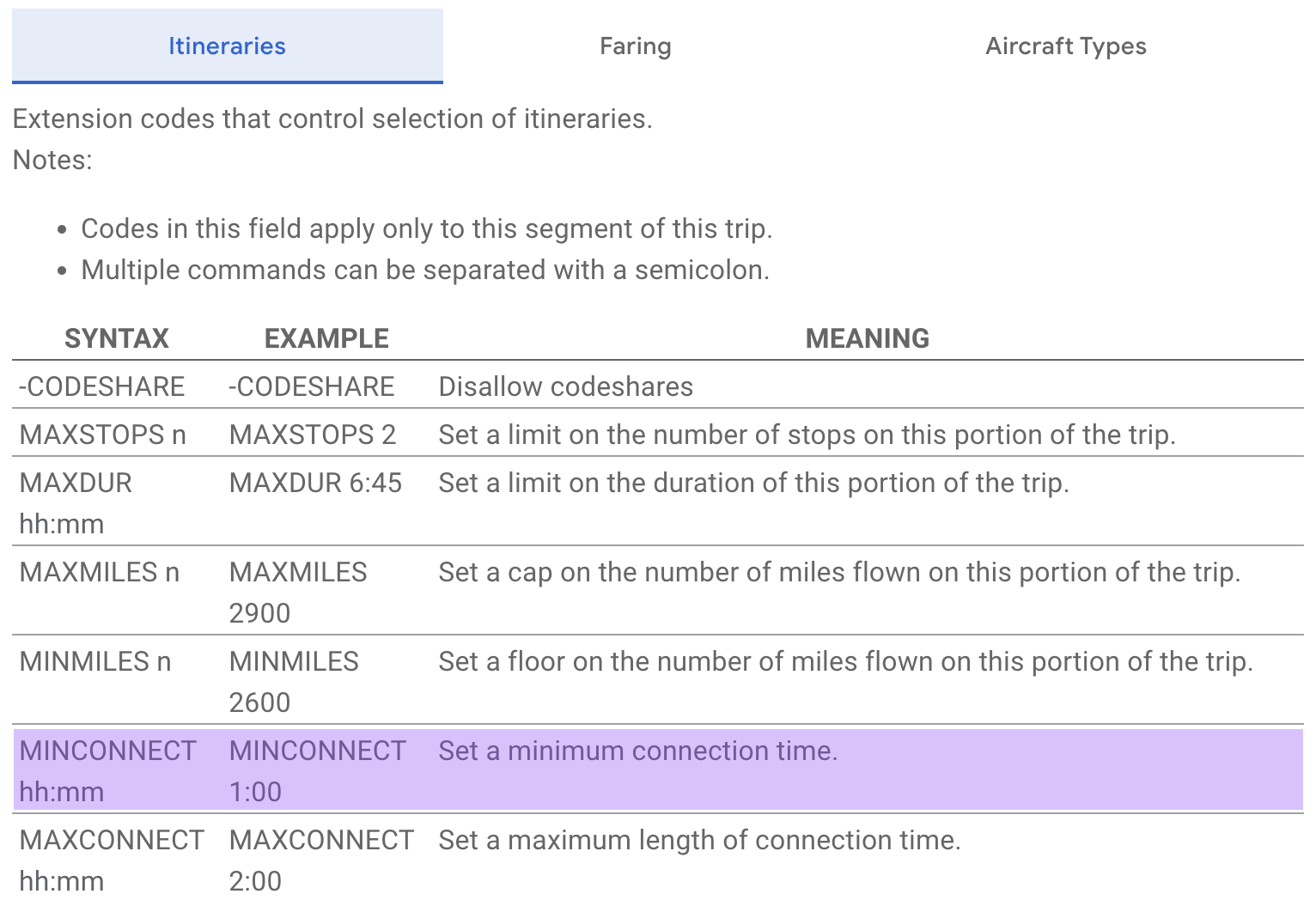 ITA Matrix advanced search options with connection length