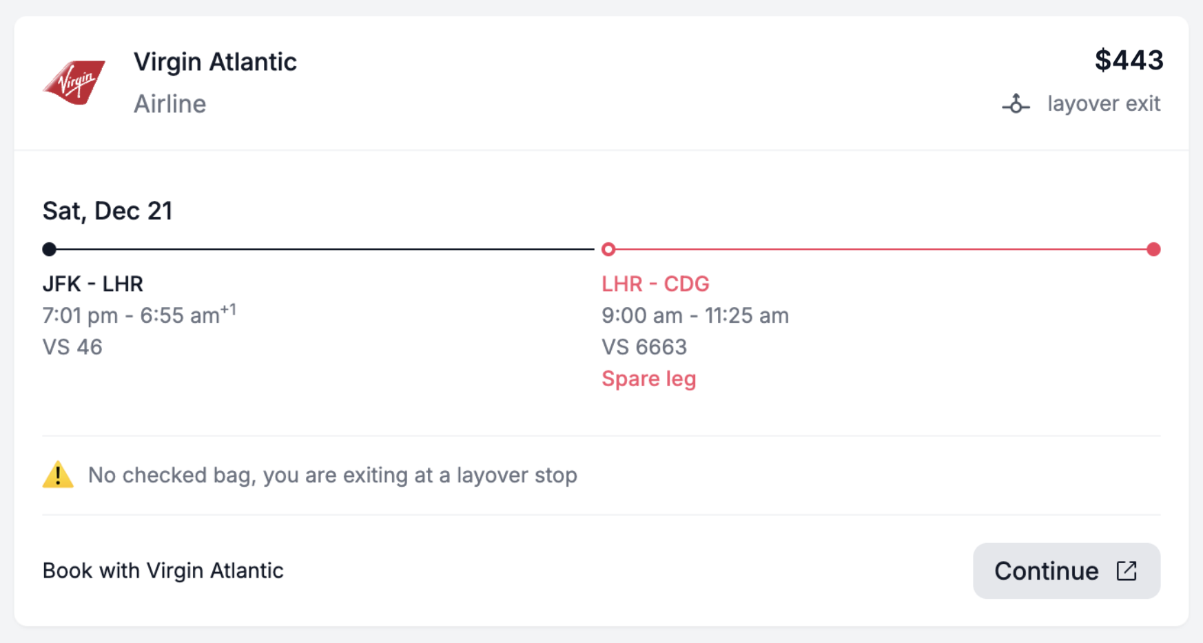 Screenshot of layover exit ticket on Airglitch